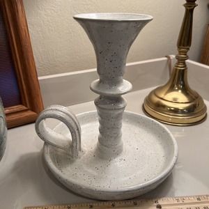 Candle Stick Holder Pottery Handle Speckled White Cream Brown 7 3/4”